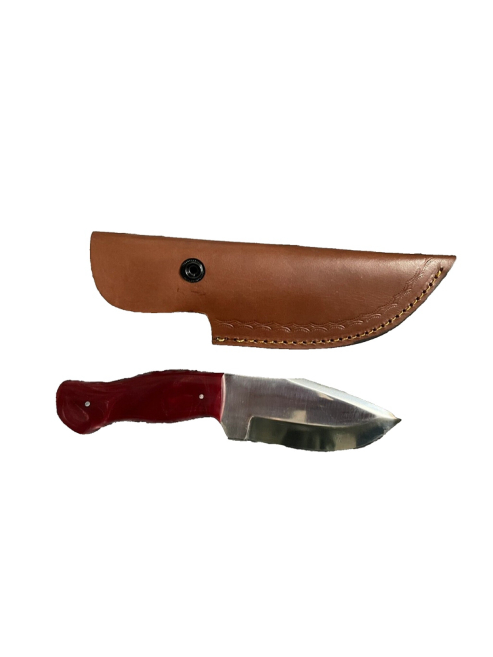 Clip Point Hunting Knife 5" Silver Blake Red Handle Leather Case Included